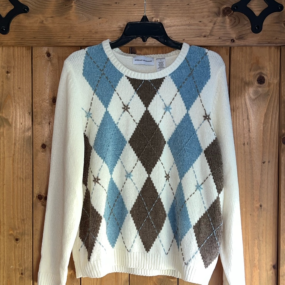 NWT Alfred Dunner Argyle Sweater - Cream, Blue, and Brown